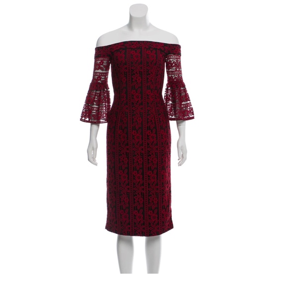 NWOT Cynthia Rowley Red & Black Off-the-Shoulder Lace Floral Dress Size 0 - Picture 2 of 7